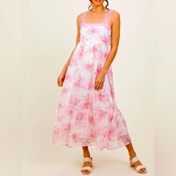 By the River Pink Floral Dress Size L - Crochet Straps & Tiered Skirt - Picture 1 of 6